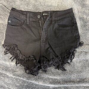 KanCan Cut Off Fringe Raw Hem Black Denim Shorts